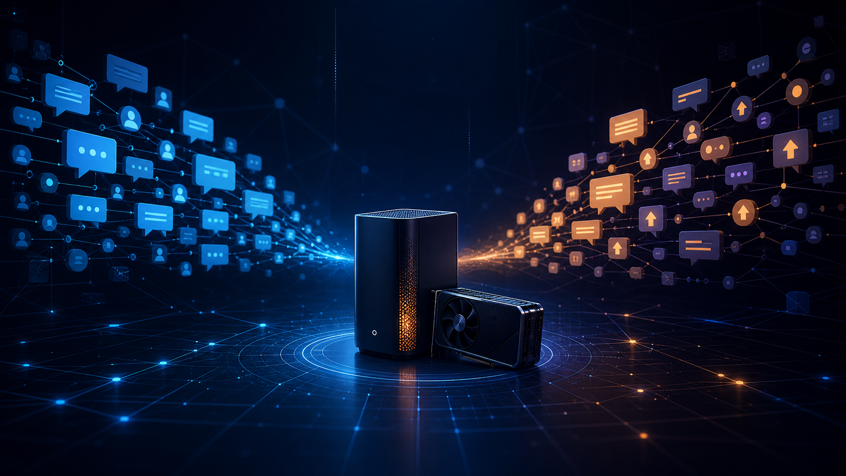 Two streams of community discussions converging on a compact local AI workstation and GPU