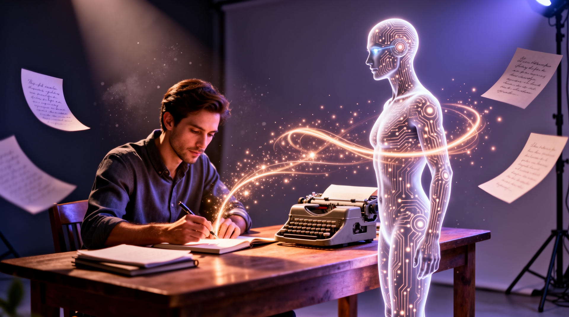 Writer at desk with AI assistant and creative sparks