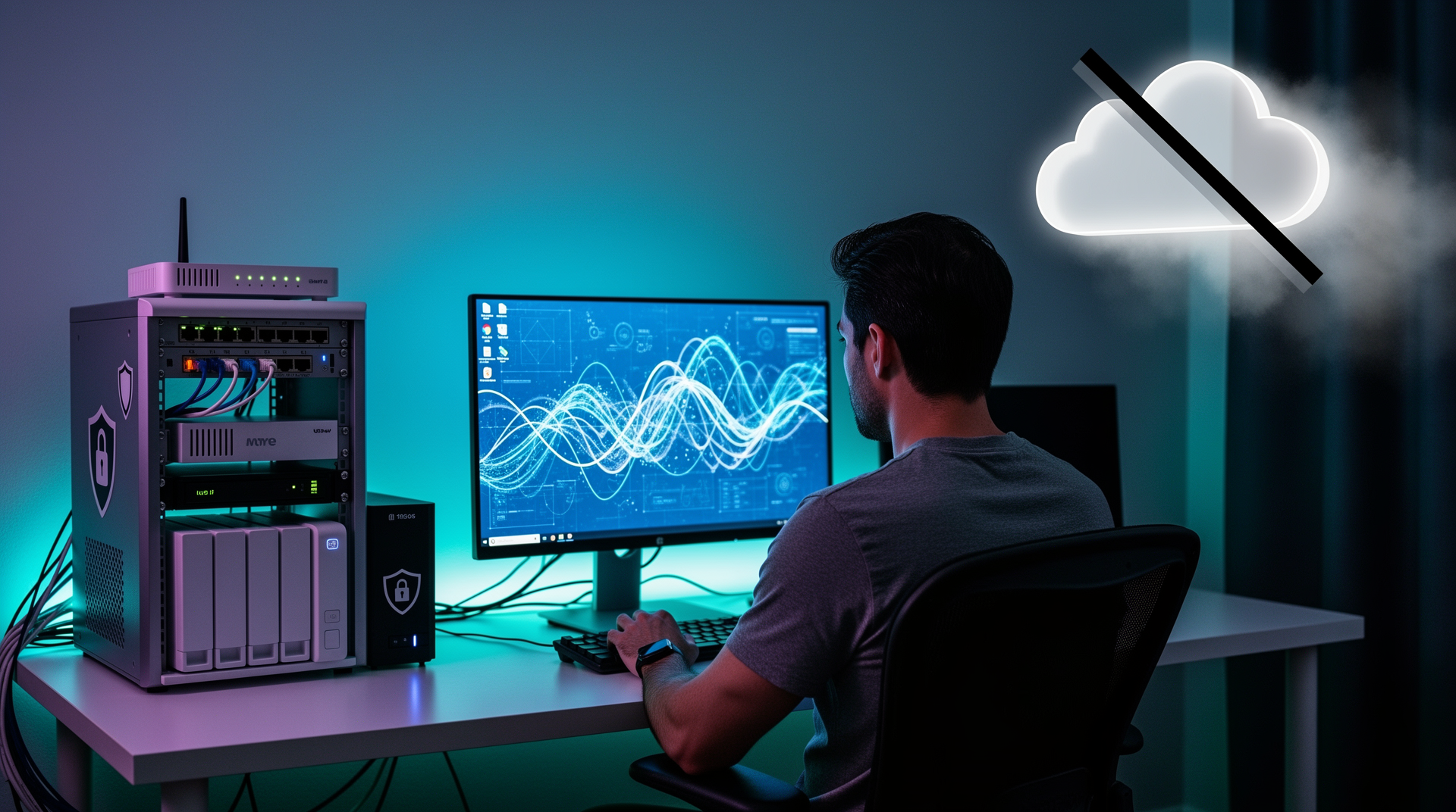 Person at desk with local server setup, cloud icon fading away