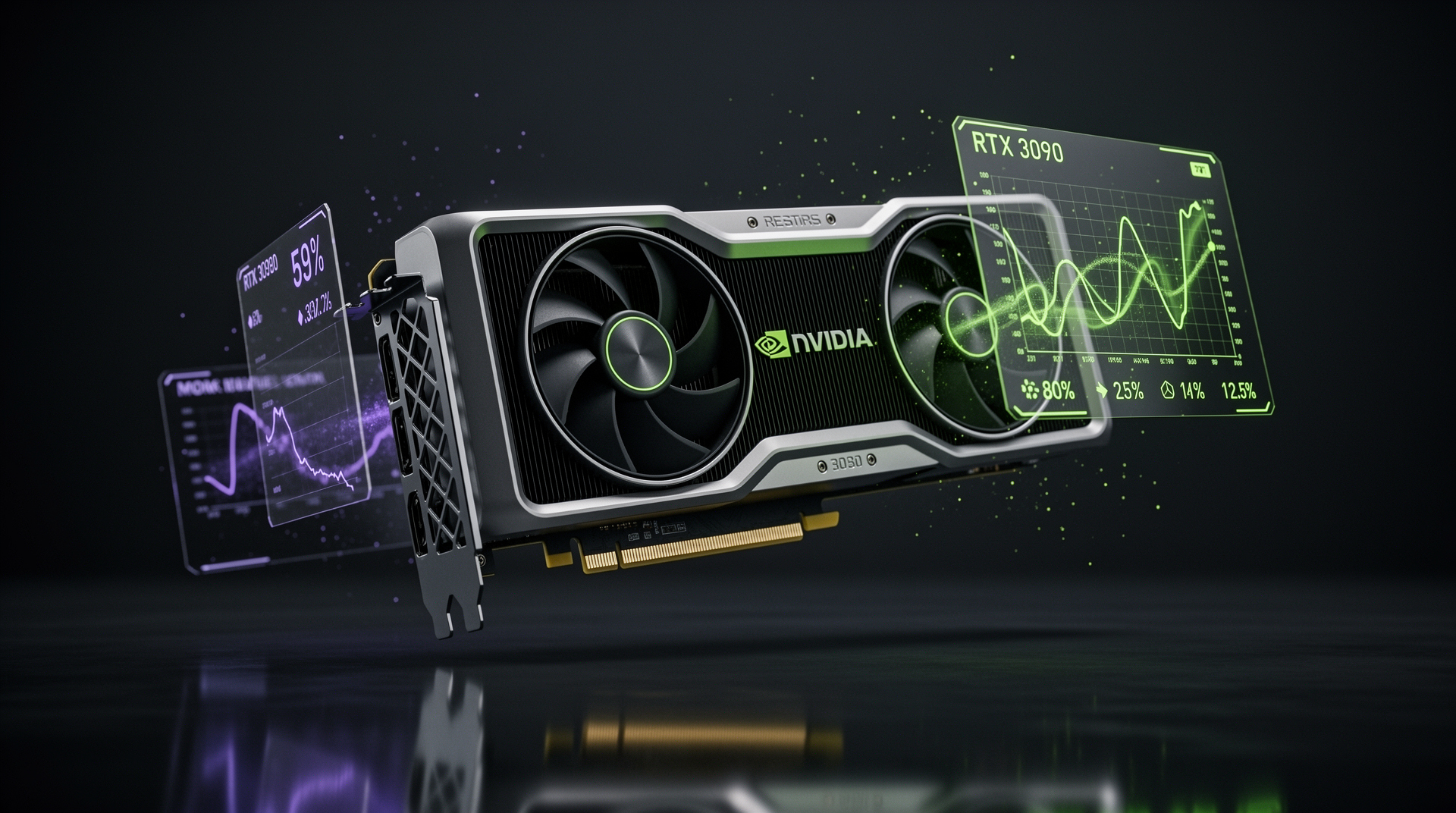 NVIDIA RTX 3090 GPU with glowing performance metrics